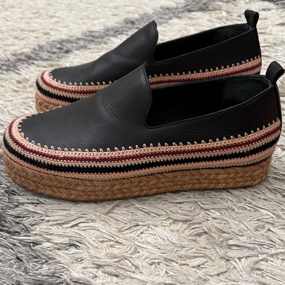 Ulla Johnson Black Leather Slip-On Platform Espadrilles with Trim